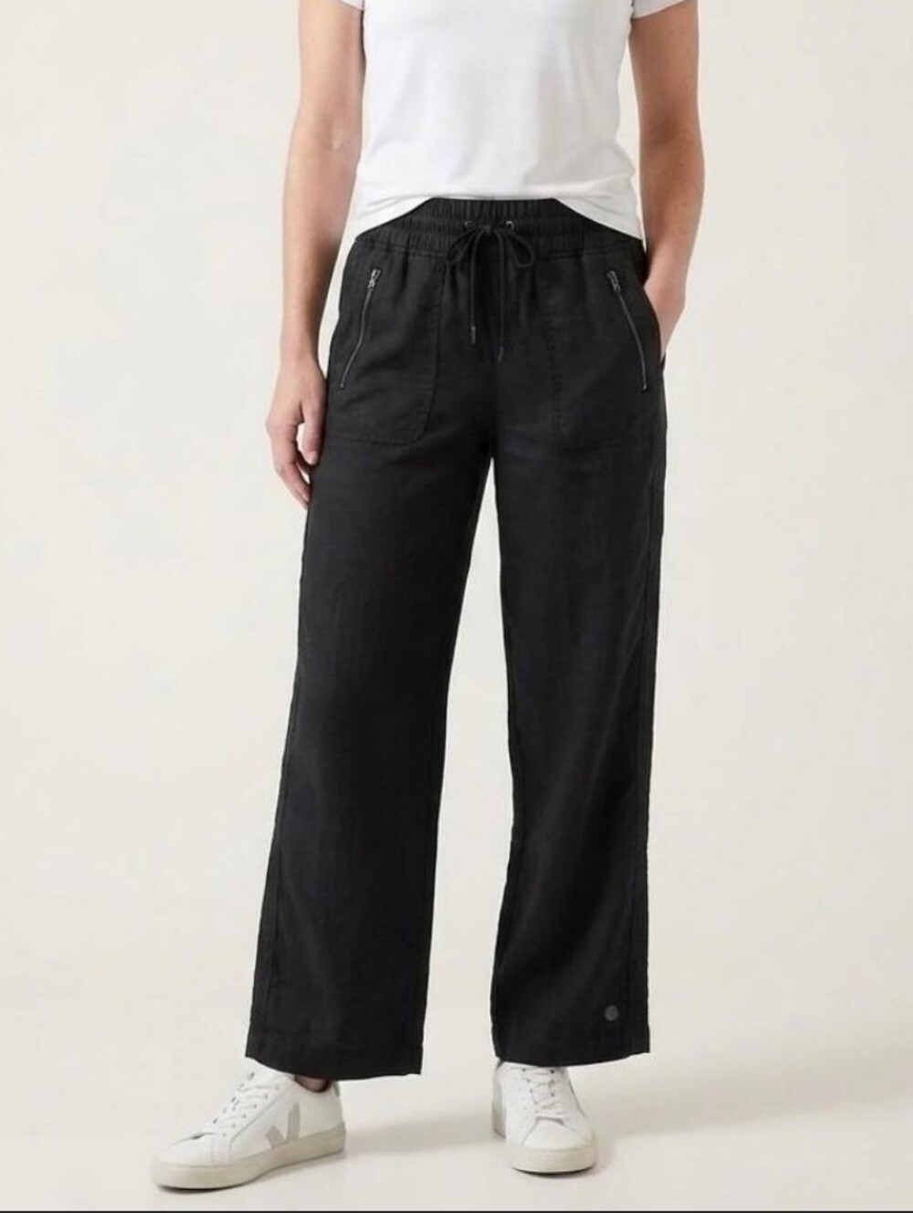 Athleta Cabo Black Relaxed Linen Smocked Waist Drawstring Wide-Leg Pants